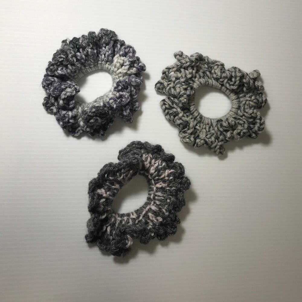 NWT Gray Black White Purple Handmade Crocheted Hair Scrunchie by Dawny Set of 3